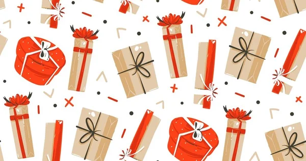 Diversión abstracta vectorial dibujada a mano Feliz Navidad ilustraciones de dibujos animados patrón sin costuras con lindos regalos de Navidad vintage retro aislados sobre fondo blanco . — Vector de stock