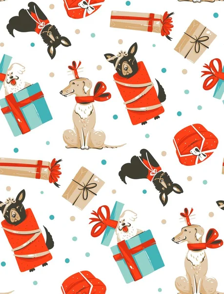 Diversión abstracta vectorial dibujada a mano Feliz Navidad ilustraciones de dibujos animados patrón sin costuras con lindos perros mamíferos divertidos en cajas de regalos de Navidad vintage aislados sobre fondo blanco — Archivo Imágenes Vectoriales