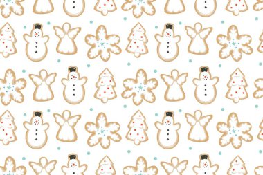 Elle çizilmiş vektör soyut eğlenceli neşeli Noel zaman çizgi film illüstrasyon izole pişmiş gingerbreads kurabiye ile seamless modeli beyaz arka plan üzerinde
