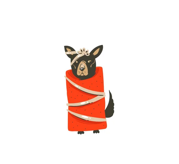 Το χέρι συντάσσονται αφηρημένη αστείο Χριστούγεννα χρόνο κινουμένων σχεδίων εικονίδιο εικονογράφηση φορέα με θηλαστικό ευτυχισμένος σκύλος στο κόκκινο χαρτί περιτυλίγματος με φιόγκο που απομονώνονται σε λευκό φόντο — Διανυσματικό Αρχείο