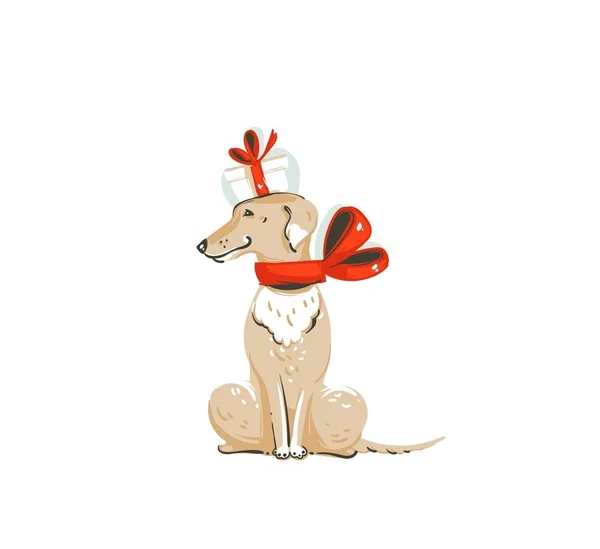 Ręcznie rysowane wektor zabawa streszczenie Wesołych Świąt czas ikona ilustracja kreskówka z ssak szczęśliwy pies, pudełko na prezent niespodziankę i czerwona kokarda na białym tle — Wektor stockowy