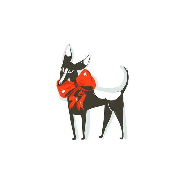 Χέρι διανυσματικά αφηρημένη διασκέδαση καλά Χριστούγεννα χρόνο εικονίδιο καρτούν εικονογράφηση θηλαστικό ευτυχισμένος σκύλος με κόκκινο τόξο που απομονώνονται σε λευκό φόντο — Διανυσματικό Αρχείο