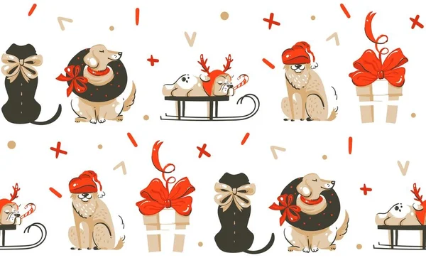 手绘矢量抽象有趣的圣诞时光卡通插画无缝模式与许多宠物狗在白色背景隔离 — 图库矢量图片