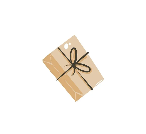 Diversión abstracta vectorial dibujada a mano Feliz Navidad icono de dibujos animados ilustración con papel artesanal hecho en casa caja de regalo sorpresa con arco aislado sobre fondo blanco — Vector de stock