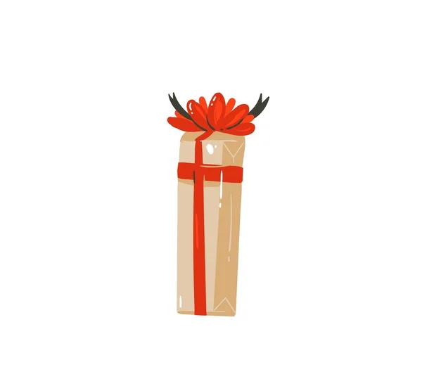 Diversión abstracta vectorial dibujada a mano Feliz Navidad icono de dibujos animados ilustración con papel artesanal hecho en casa caja de regalo sorpresa con lazo rojo aislado sobre fondo blanco — Vector de stock