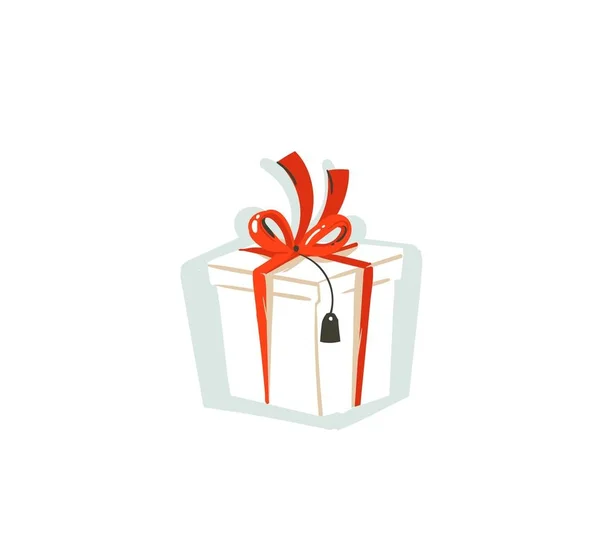 Diversión abstracta vectorial dibujada a mano Feliz Navidad icono de dibujos animados ilustración con papel artesanal hecho en casa caja de regalo sorpresa con lazo rojo aislado sobre fondo blanco — Vector de stock