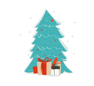 Elle çizilmiş vektör eğlenceli neşeli Noel zaman çizgi film illüstrasyon simge dekore edilmiş Noel ağacı ile soyut ve beyaz arka plan üzerinde izole hediye kutuları sürpriz