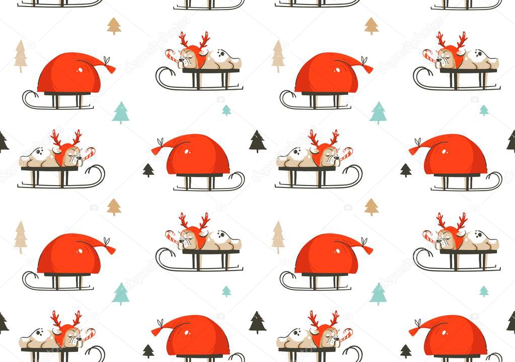 Hand drawn vector abstract fun Merry Christmas time cartoon illustration seamless pattern with french bulldog in deer costume on sleigh and Santa Claus bag isolated on white background