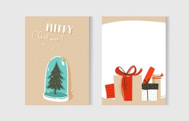 Elle çizilmiş vektör soyut eğlenceli neşeli Noel zaman karikatür kartları koleksiyonu illüstrasyonlar, sürpriz hediye kutuları, xmas ağacı kar topu ampul ve beyaz arka plan üzerinde izole modern hat ayarla