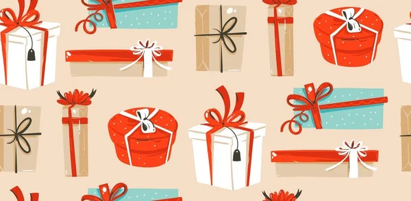 Diversión abstracta de vectores dibujados a mano Feliz Navidad ilustraciones de dibujos animados patrón sin costuras con lindas cajas de regalos de Navidad vintage retro aislados en el fondo de papel artesanal . — Vector de stock