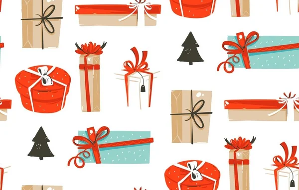 Diversión abstracta vectorial dibujada a mano Feliz Navidad ilustraciones de dibujos animados patrón sin costuras con lindas cajas de regalos de Navidad vintage retro aislado sobre fondo blanco . — Vector de stock