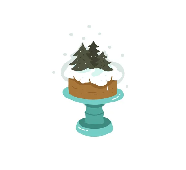 Diversión abstracta vectorial dibujada a mano Feliz Navidad ilustración de dibujos animados con dulce pastel de cena de Navidad en stand aislado sobre fondo blanco — Vector de stock