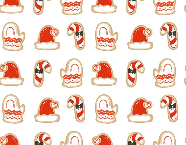 Diversión abstracta vectorial dibujada a mano Feliz Navidad ilustraciones de dibujos animados patrón sin costuras con galletas de jengibre horneadas aisladas sobre fondo blanco — Vector de stock