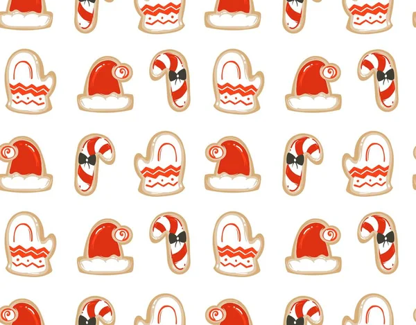 Vetor desenhado à mão diversão abstrata Feliz Natal desenhos animados ilustrações padrão sem costura com biscoitos de bolos de gengibre cozidos no forno isolado no fundo branco —  Vetores de Stock