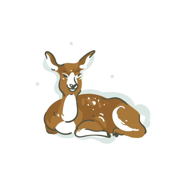 Hand getekende vector abstracte plezier Merry Christmas tijd cartoon afbeelding met jonge herten baby geïsoleerd op witte achtergrond — Stockvector