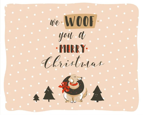 Elle çizilmiş vektör soyut eğlenceli neşeli Noel zaman karikatür çizimler poster xmas köpekler ve modern el yazısı hat metin biz size bir Merry Christmas üzerinde pastel arka plan izole atkı — Stok Vektör