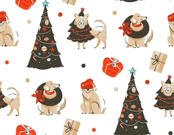 手绘矢量抽象有趣的圣诞时光卡通插画无缝模式与许多宠物狗在假期服装和圣诞树隔离白色背景 — 图库矢量图片