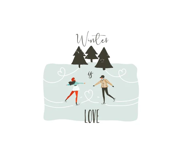 Dessiné à la main vecteur abstrait amusant Joyeux Noël illustration de bande dessinée avec jeune couple qui patinent dans la forêt gelée et Noël calligraphie moderne L'hiver est l'amour isolé sur fond blanc — Image vectorielle