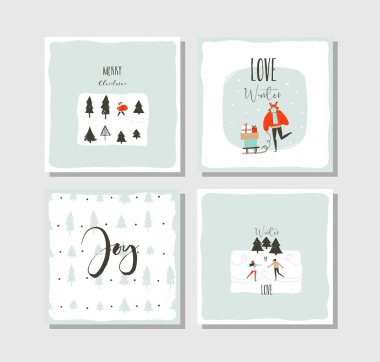 Elle çizilmiş vektör soyut eğlenceli neşeli Noel zaman karikatür kartları koleksiyonu şirin çizimler, sürpriz hediye kutuları, Noel ağaçları ve beyaz arka plan üzerinde izole modern hat ayarla