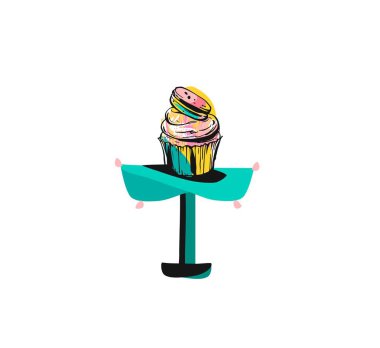 Elle çizilmiş vektör soyut grafik simge tasarım öğesi boyalı resmi tatil cupcake stand tasarım beyaz arka plan üzerinde izole mürekkep fırçası ile