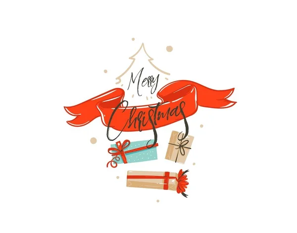 Ručně kreslenou vektorové veselé vánoční nákupy čas kreslený obrázek pozdrav ilustrace karet design s mnoha překvapení dárkové krabičky, červenou stužku a ručně kaligrafie izolovaných na bílém pozadí — Stockový vektor