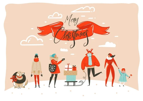 Joyeux Noël dessin animé illustration carte de vœux avec groupe de personnes en vêtements d'hiver, boîtes-cadeaux surprise et calligraphie de Noël isolé sur fond d'artisanat — Image vectorielle