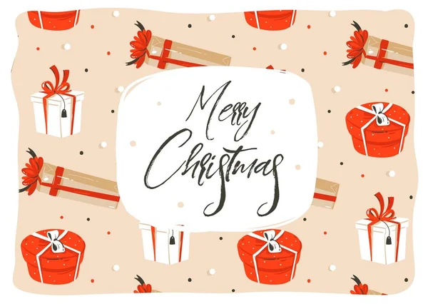 Kézzel rajzolt vektoros absztrakt szórakoztató boldog karácsonyt idő rajzfilm illusztráció üdvözlés kártya-val sok színes meglepetés ajándék dobozok és modern durva xmas kalligráfia elszigetelt kézműves papír háttér — Stock Vector