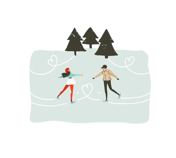 Hand getrokken vector abstracte plezier Merry Christmas tijd cartoon afbeelding met jonge paar schaatsen in het bevroren bos geïsoleerde op witte achtergrond — Stockvector