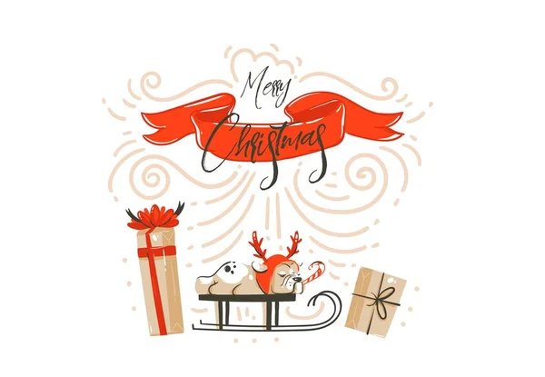 Hand getekende vector abstracte plezier Merry Christmas tijd cartoon afbeelding kaart ontwerp met verrassing geschenkdozen, huisdier hond slee, rood lint en moderne xmas kalligrafie geïsoleerd op witte achtergrond — Stockvector