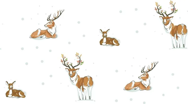 Mão desenhado vetor abstrato divertido Feliz Natal desenhos animados ilustrações padrão sem costura com renas bonitos e família de veados na paisagem nevada isolada no fundo branco . —  Vetores de Stock