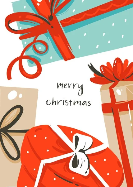 Diversión abstracta vectorial dibujada a mano Feliz Navidad tarjeta de dibujos animados con ilustraciones lindas de cajas de regalo sorpresa y caligrafía escrita a mano moderna cita Feliz Navidad aislada sobre fondo blanco — Vector de stock