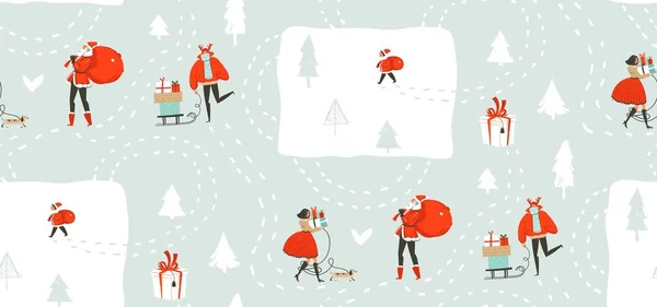 Διάνυσμα συρμένο χέρι αφηρημένη διασκέδαση Χριστούγεννα ώρα καρτούν εικονογράφηση χωρίς ραφή πρότυπο με ανθρώπους που περπατούν στο χειμερινό ιματισμό και έκπληξη κουτιά δώρων που απομονώνονται σε χιόνι μπλε φόντο — Διανυσματικό Αρχείο