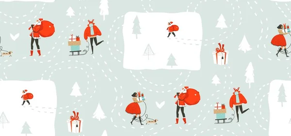 Divertimento astratto vettoriale disegnato a mano Buon Natale tempo cartone animato illustrazione modello senza soluzione di continuità con le persone a piedi in abbigliamento invernale e scatole regalo a sorpresa isolato su sfondo blu neve — Vettoriale Stock