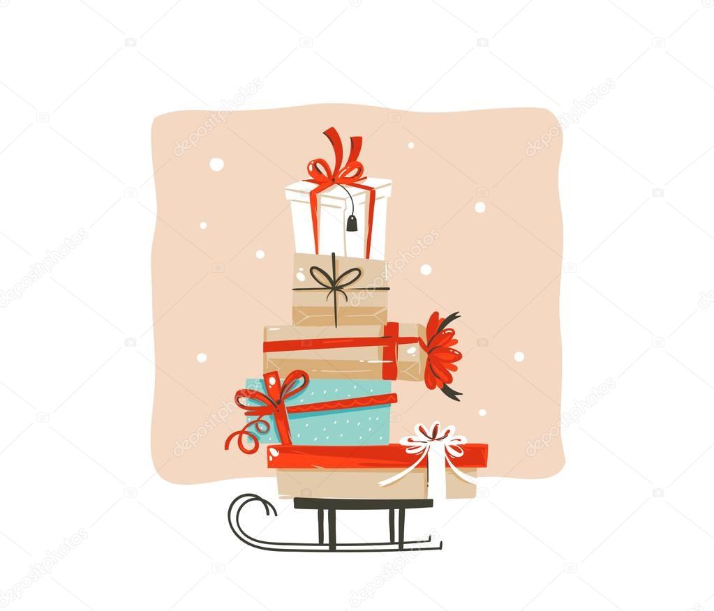 Hand drawn vector abstract fun Merry Christmas shopping time cartoon greeting illustration card design with many colorful surprise gift boxes on sleigh isolated on white background