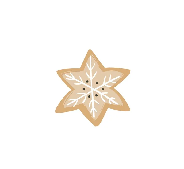 Diversión abstracta vectorial dibujada a mano Feliz Navidad tarjeta de ilustración de dibujos animados con forma de estrella de galleta de jengibre horneada aislada sobre fondo blanco . — Vector de stock