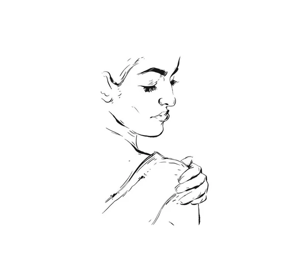Handgemaakte vector abstracte grafische inkt moderne meisje portret schetsen van geïsoleerde op witte achtergrond. Overzicht designelementen voor boho bruiloft, verjaardag, behalve de datum kaart — Stockvector