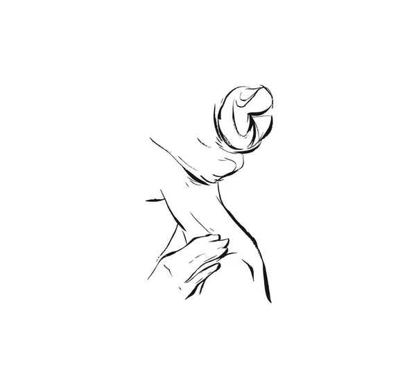 Handgemaakte vector abstracte grafische inkt moderne meisje figuur schets geïsoleerd op witte achtergrond. Overzicht designelementen voor boho bruiloft, verjaardag, behalve de datum kaart — Stockvector