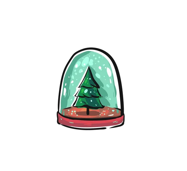 Vector dibujado a mano Feliz Navidad dibujos animados ilustración gráfica elemento de diseño con bola bola de nieve con árbol de Navidad aislado sobre fondo blanco — Vector de stock