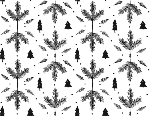 Kézzel rajzolt vektoros boldog karácsonyt durva szabadkézi grafikai elemek zökkenőmentes minta a tinta skandináv karácsonyi fák és ágak elszigetelt fehér background — Stock Vector
