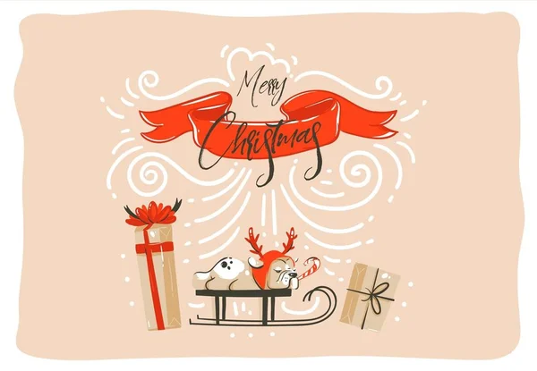 Рука намальована Векторні абстрактні веселі веселі різдвяні ілюстрації дизайну мультяшної картки з сюрпризними подарунковими коробками, килимова собака на санях, червона стрічка і сучасна різдвяна каліграфія ізольовані на тлі ремесел — стоковий вектор