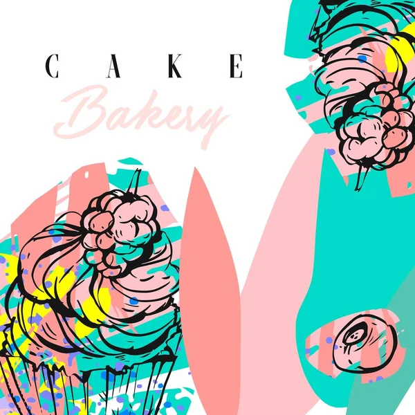 Vector dibujado a mano gráfico abstracto creativo moderno pastel panadería diseño tarjeta plantilla con cupcake dibujo, bayas y tipografía texto aislado sobre fondo blanco — Vector de stock