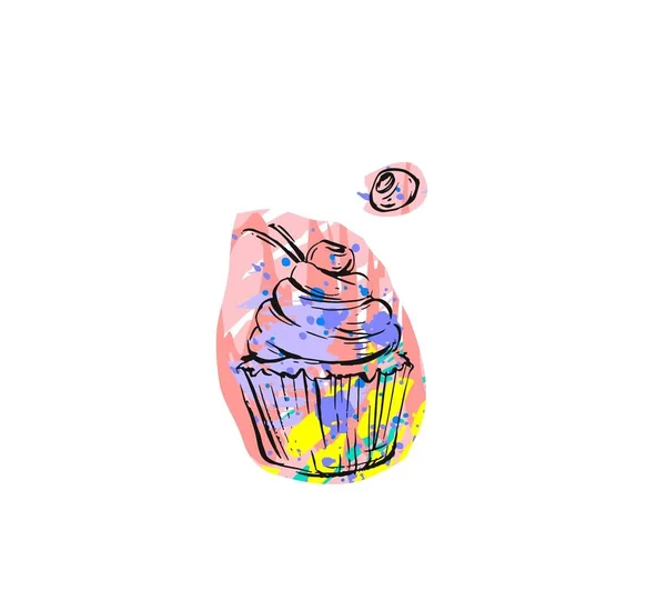 Plantilla de tarjeta de diseño de panadería moderna creativa gráfica abstracta vectorial dibujada a mano con icono de cupcake dibujo a mano alzada y bayas aisladas sobre fondo blanco — Vector de stock