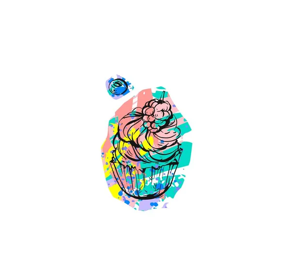 Plantilla de tarjeta de diseño de panadería moderna creativa gráfica abstracta vectorial dibujada a mano con icono de cupcake dibujo a mano alzada y bayas aisladas sobre fondo blanco — Archivo Imágenes Vectoriales