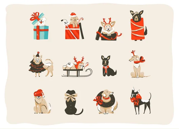 Elle çizilmiş vektör soyut eğlenceli neşeli Noel zaman karikatür simgeler illüstrasyonlar toplama memeli mutlu tatil xmas ağacı köpeklerde kostümleri izole üzerinde beyaz arka plan ile ayarla