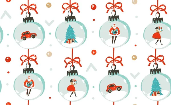 Elle çizilmiş vektör soyut eğlenceli neşeli Noel zaman çizgi film illüstrasyon seamless modeli ile Noel vintage ağacı oyuncaklar, insanlar ve Noel Baba beyaz arka plan üzerinde izole