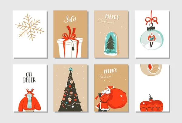 Elle çizilmiş vektör soyut eğlenceli neşeli Noel zaman karikatür kartları koleksiyonu şirin çizimler, sürpriz hediye kutuları, Noel ağacı ve beyaz arka plan üzerinde izole modern hat ayarla — Stok Vektör