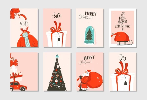 Hand drawn vector abstract fun Merry Christmas time cartoon cards collection set with cute illustrations,surprise gift boxes,xmas tree and modern calligraphy in pastel colors isolated — Stock Vector