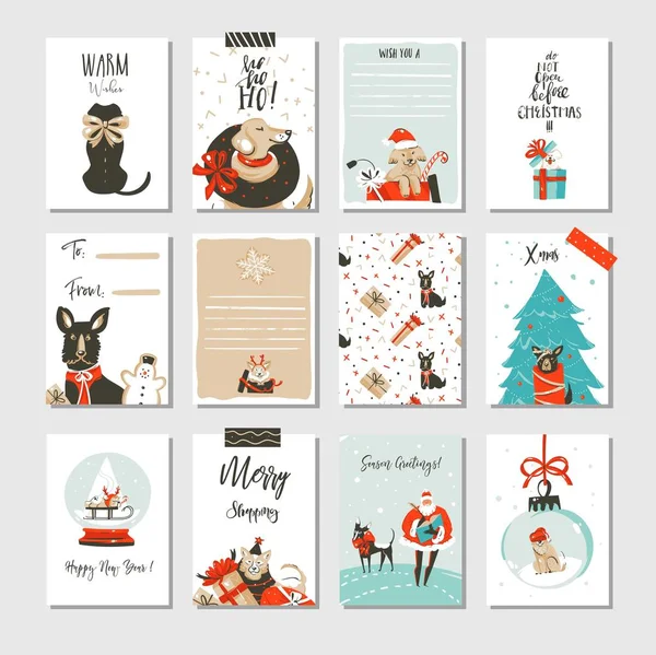 Diversión abstracta vectorial dibujada a mano Feliz Navidad colección de tarjetas de dibujos animados con ilustraciones lindas, cajas de regalo sorpresa, perros mamíferos de Navidad y caligrafía moderna aislada sobre fondo blanco — Vector de stock