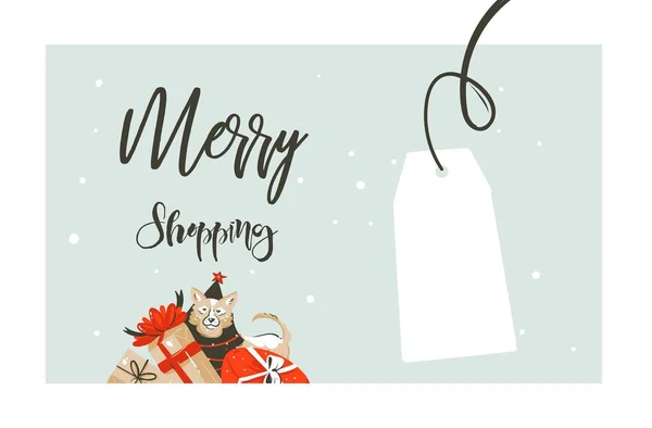 흰색 바탕에 손으로 그린된 벡터 메리 크리스마스 쇼핑 시간 만화 그래픽 간단한 인사말 개 그림 로고 디자인, 많은 깜짝 선물 상자와 서 즐거운 쇼핑 절연 — 스톡 벡터