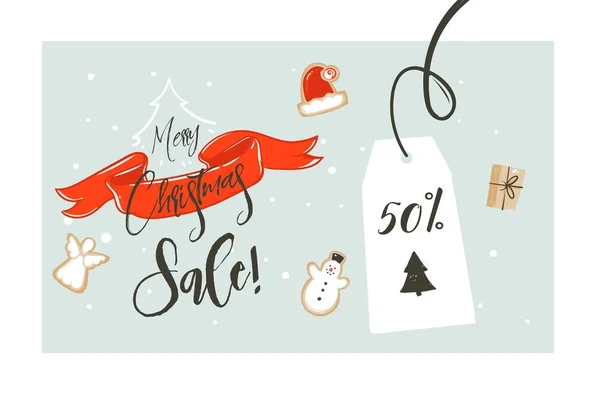 Hand getekende Merry Christmas shopping tijd cartoon vectorafbeelding eenvoudige groet afbeelding koptekst ontwerp rood lint, peperkoek cookies dozen en kalligrafie Merry Christmas verkoop geïsoleerd op wit — Stockvector